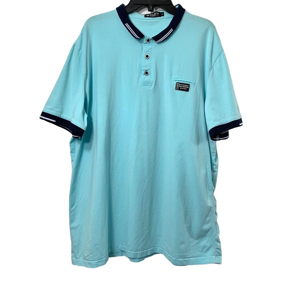Fusion Golf‎ Polo Shirt Mens XL Short Sleeve Turquoise Navy Blue Knit Casual